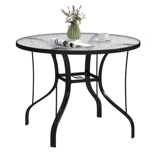 Outsunny Outdoor Dining Table with Parasol Hole, Tempered Glass Top Metal Frame Coffee Table, Round, 96.5 x 96.5 x 71 cm