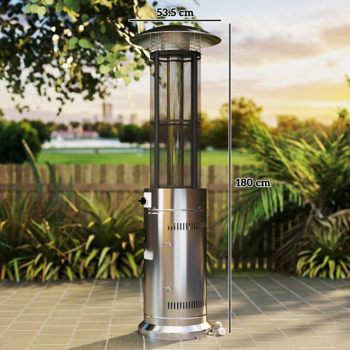 Outsunny 11 KW Freestanding Gas Patio Heater, Adjustable Outdoor Garden Propane Heater with Tip-Over Switch, Wheels, Pulse Ignition, Tank Room with Openable Door, Silver Tone