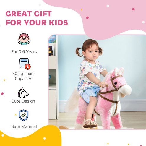 HOMCOM Kids Rocking Horse, Plush Ride On Horse with Music, Sound, Saddle, Wooden Base, Ride On Toy for Ages 3-6 Years - Pink