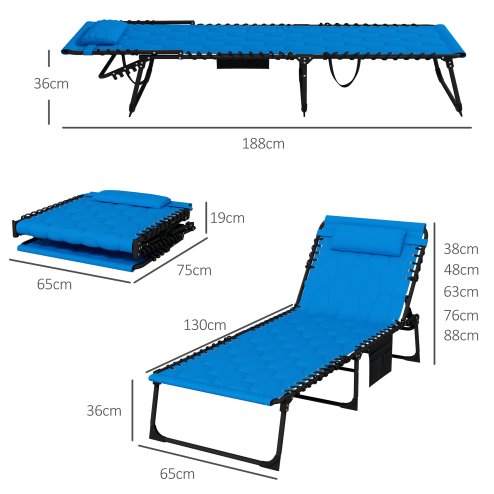 Outsunny 2 Piece Foldable Sun Lounger Set with 5-level Reclining Back, Outdoor Tanning Chairs Sun Loungers with Build-in Padded Seat, Side Pocket, Headrest for Beach, Patio, Blue
