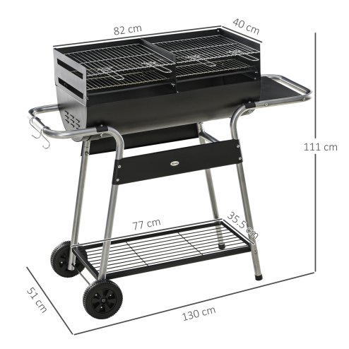 Outsunny Charcoal Barbecue Grill BBQ Trolley with Double Grill, Adjustable Grill Height, Side Table, Storage Shelf, and Wheels for Outdoor Cooking, 130 x 51 x 111cm, Black