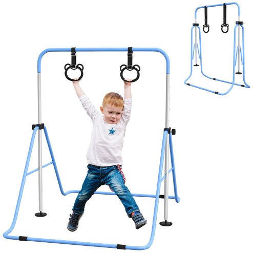 HOMCOM Kids Gymnastics Bar, Horizontal Bar for Kids, Adjustable Height Folding Gymnastics Equipment with Gymnastic Rings, Non-slip Rubber Floor Rings, for Home, Flat, Blue