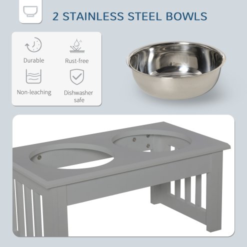 PawHut Raised Dog Bowl Feeding Bowls with Stand for Extra Small and Small Dogs Elevated Pet Bowls Water Food Feeder 44L x 24W x 15H cm - Grey