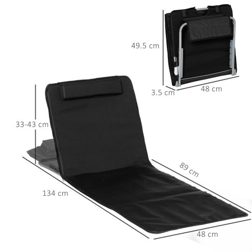 Outsunny Set of 2 Foldable Garden Beach Chair Mat Lightweight Outdoor Sun Lounger Seats Adjustable Back Metal Frame PE Fabric Head Pillow w/ Carry Bag, Black