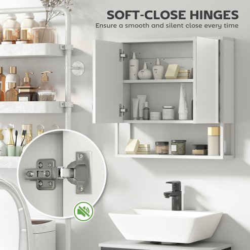 HOMCOM Bathroom Mirror Cabinet Wall Mounted with Soft-Close Doors and Adjustable Shelf, Industrial Bathroom Wall Cabinet with Open Storage, 60 x 16 x 60 cm