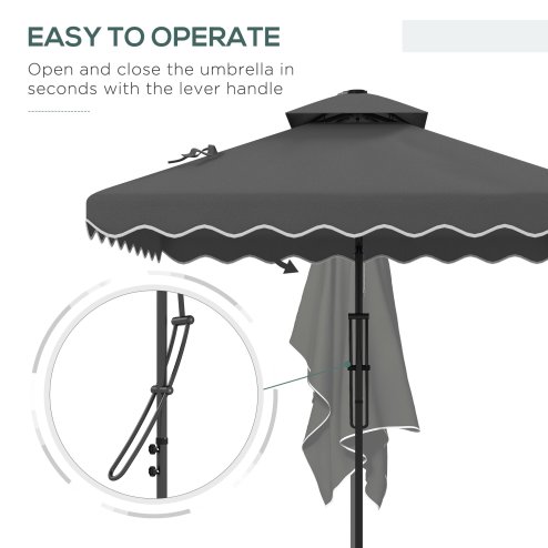Outsunny 2.5m Cantilever Parasol with Easy Lever, Square Double Top Garden Parasol Umbrella with Ruffles and Cross Base, Overhanging Outdoor Sun Shades, Dark Grey