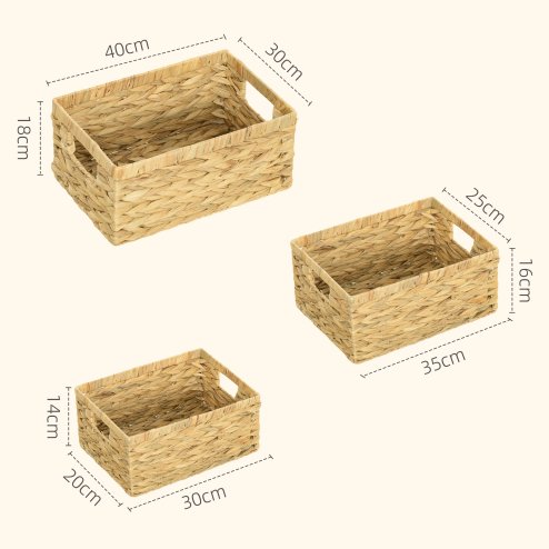 HOMCOM Set of 3 Wicker Storage Baskets, Woven Baskets with Handles, for Organizing, Storage Boxes for Shelves, Bedroom, Living Room, Bathroom, Natural Tone