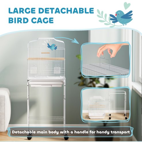 PawHut Bird Cage Budgie Cages for Finch Canary Parakeet with Stand Wheels Slide-out Tray Accessories Storage Shelf, White 46.5 x 36 x 124 cm