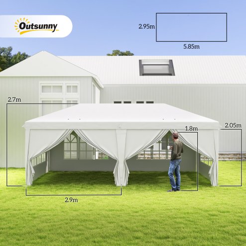 Outsunny 3 x 6 m Garden Pop Up Gazebo, Wedding Party Tent Marquee, Water Resistant Awning Canopy with Sidewalls, Windows, Carry Bag, White