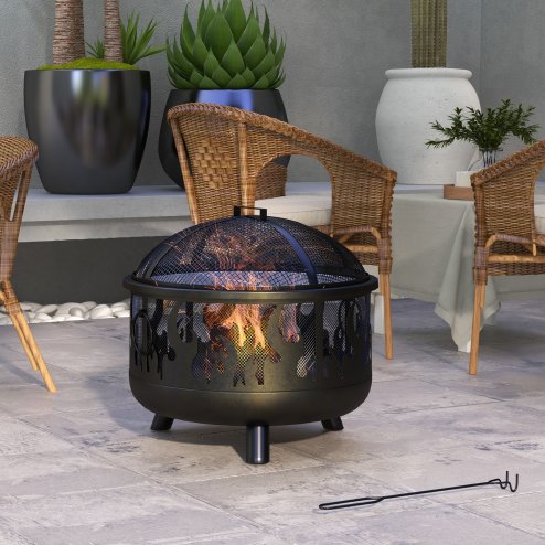 Outsunny Metal Firepit Bowl Outdoor 2-In-1 Round Fire Pit w/ Lid, Grill, Poker, Handles for Garden, Camping, BBQ, Bonfire, Wood Burning Stove, 61.5 x 61.5 x 52cm, Black