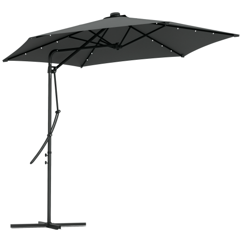 Outsunny 3(m) Cantilever Parasol with Solar LED and Easy Lever, Garden Parasol Umbrella with Cross Base and Waterproof Cover, Outdoor Sun Shades, Dark Grey