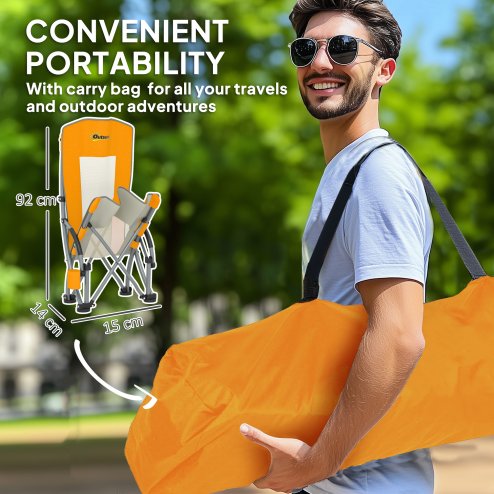 Outsunny Set of 2 Folding Beach Chair, Low Camping Chair with Mesh Back, Carry Bag and Cup Holder for Garden Outdoor Picnic Festival Travel, Orange