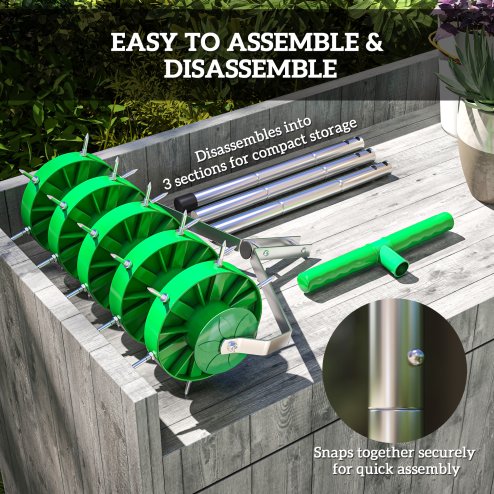 Outsunny Rolling Lawn Aerator, Heavy Duty Garden Aerator, Manual Lawn Spike Roller with T-bar Grip and 3 Piece Detachable Handle, Outdoor Garden Lawn Tool Dark Green