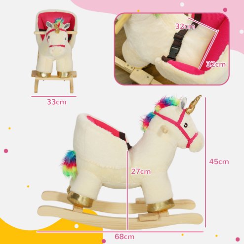 AIYAPLAY Rocking Horse, Unicorn Rocking Horse with Realistic Sounds, Safety Belt, Wooden Base, Plush Ride on Unicorn, for Ages 18-36 Months, Cream White