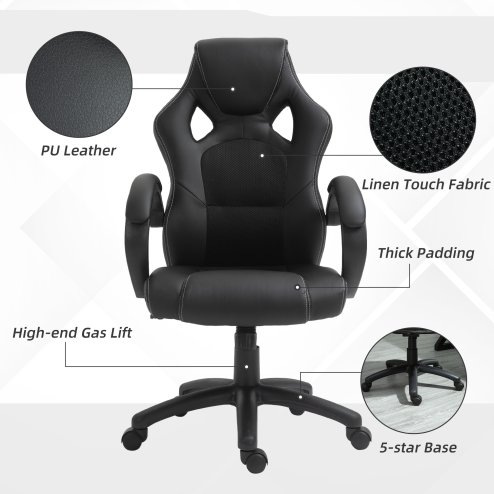 Vinsetto Gaming Chair Faux Leather Swivel Computer Racing Gamer Desk Chair for Home Office with Wheels, Black