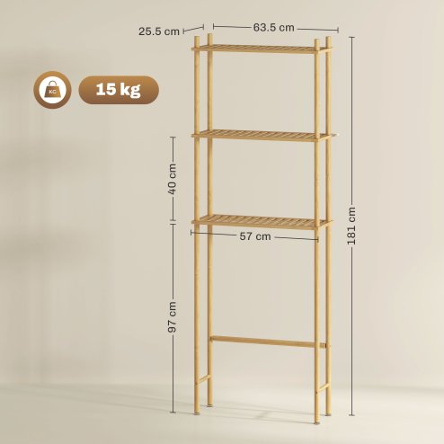 HOMCOM Bamboo Over Toilet Storage Unit with 3 Slatted Shelves, 3-Tier Freestanding Bathroom Shelf, Bathroom Space Saver, Natural Wood Finish