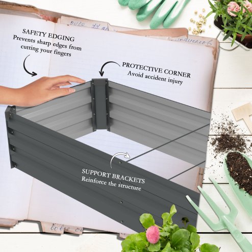 Outsunny Galvanised Raised Bed for Garden, Rectangular Outdoor Elevated Planter Box with Safety Edging and Open Bottom for Growing Flowers, Herbs and Vegetables, 240 x 60 cm, Grey