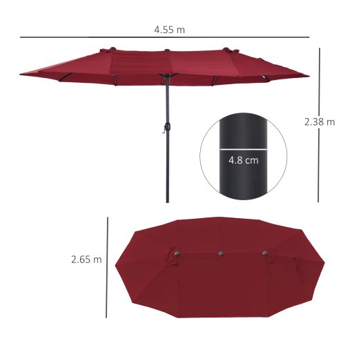 Outsunny 4.6m Large Garden Parasol Double-Sided Sun Umbrella Patio Market Canopy Shade Outdoor Wine Red - NO BASE