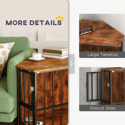 PawHut Corner Dog Crate Furniture, Dog Kennel Side End Table TV Stand with Two Bowls, Feeding Door, for Small, Medium Breeds, Rustic Brown