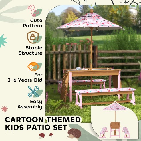 AIYAPLAY Kids Picnic Table, Wooden Children Garden Table and Bench Set with Removable & Foldable Umbrella, Cushions, Storage Boxes, Flamingo Theme Outdoor Furniture for Boys Girls, Pink