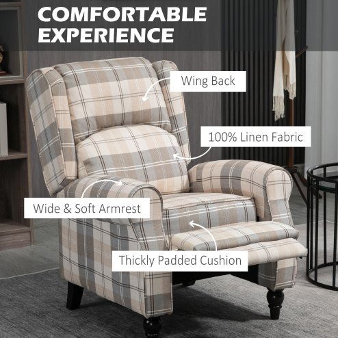 HOMCOM Wingback Recliner Armchair for Living Room, Pushback Reclining Chair with Round Armrests, Footrest and Rubber Wood Legs, Khaki