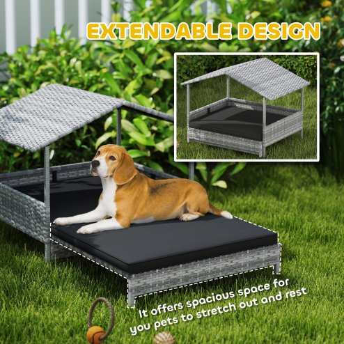 PawHut Rattan Dog House, Extendable Outdoor Wicker Dog Bed w/ Water-Resistant Roof, Removable Cushion, for Small and Medium Dogs - Charcoal Grey