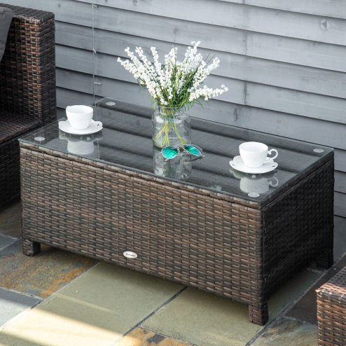Outsunny PE Rattan Coffee Table, Rectangular Outdoor Coffee Table with Tempered Glass Top, 70 KG Capacity for Garden, Balcony, Terrace, Patio, Mixed Brown