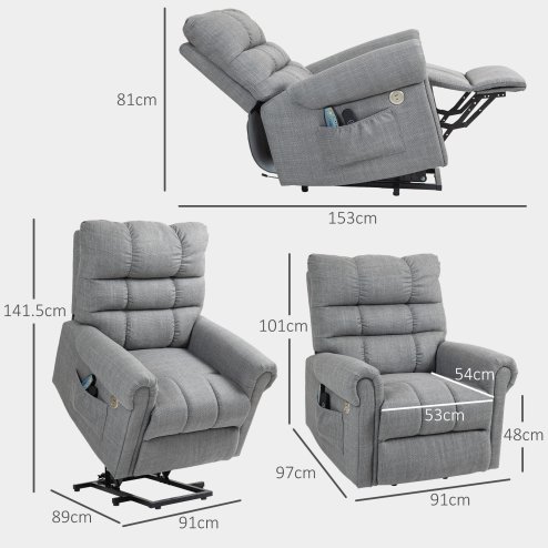 HOMCOM Power Lift Chair for Elderly, Electric Recliner Armchair with Massage and Heat, Type C and USB Ports, Fabric Riser and Reclining Chair with Side Pockets, Grey