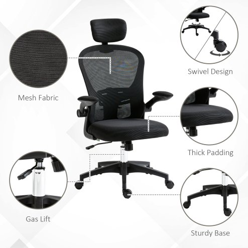 Vinsetto High Back Office Chair, Mesh Computer Desk Chair with Rotatable Headrest, 4D Lumbar Support, Flip-up Arm, Adjustable Height, Black