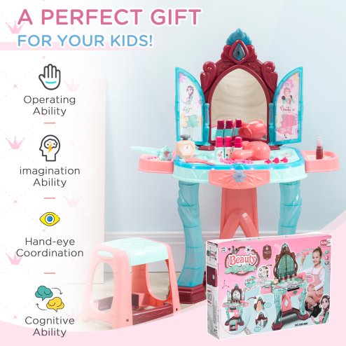 AIYAPLAY 31 Pieces Kids Dressing Table Set with Magical Princess Mirror, Music Lights, Makeup Accessories, Hair Dryer, Chair, Drawer for Ages 3-6 Years