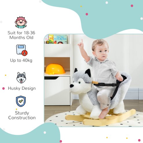 HOMCOM Husky Baby Rocking Horse for Toddlers, Plush Wooden Child Rocking Animal with Sound, Seatbelt, Gift for Ages 18-36 Months, Kids Ride-On Toy for Indoor Use - Grey