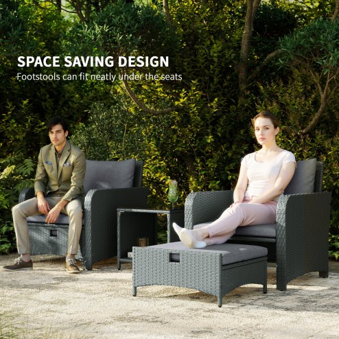 Outsunny 5 Piece Rattan Garden Furniture Set, Wicker Patio Conversation Set with 2 Chairs, 2-Tier Coffee Table, 2 Ottomans and Thick Cushions for Outdoor, Balcony, Bistro, Porch, Grey