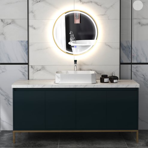 HOMCOM 600mm Round Bathroom Mirror with LED Lights, Wall Mounted Backlit Illuminated Bathroom Mirror with Demister, 3 Colours Dimmable, Memory Function, Touch Switch, Time and Temp Display, Gold Tone