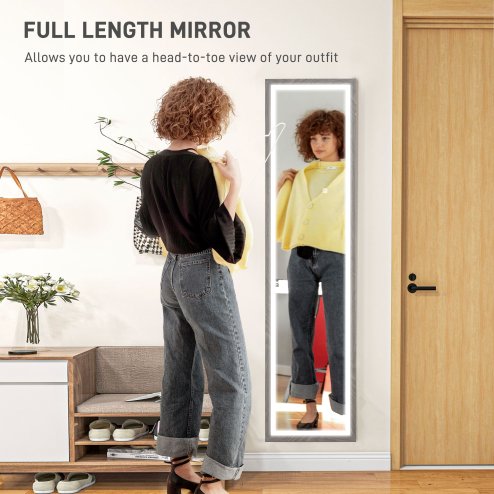 HOMCOM Full Length Mirror with LED Lights, 160 x 40cm Free Standing Mirror with Dimming and 3 Colour Lighting, Leaning or Wall Mirror with Frame for Living Room, Bedroom, Grey