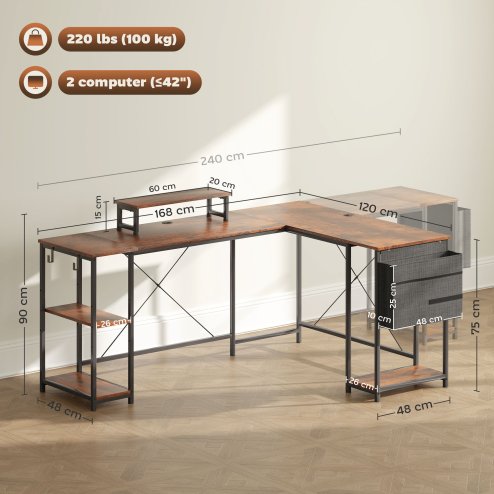HOMCOM 168cm Reversible L Shaped Desk, Industrial Corner Computer Desk with Adjustable Shelf and Storage Bag, 240cm 2 Person Desk with Monitor Stand, Rustic Brown