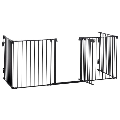 PawHut Pet Safety Gate, 5 Panels Playpen Fireplace, Metal Fence, Stair Barrier, Room Divider w/ Walk-Through Door - Black