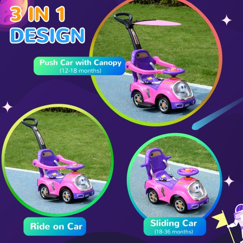 AIYAPLAY 3 in 1 Ride on Push Car, Cartoon Robot Theme Foot to Floor Slider, Baby Push Along Car with Parent Handle, Light Music Horn, Underneath Storage, for Boys Girls 12-36 Months - Pink