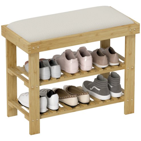 HOMCOM Bamboo Shoe Storage Bench, 3-Tier Shoe Bench with Seat Cushion, Shoe Rack for Entryway, Hallway, Living Room, Bedroom, Cream White