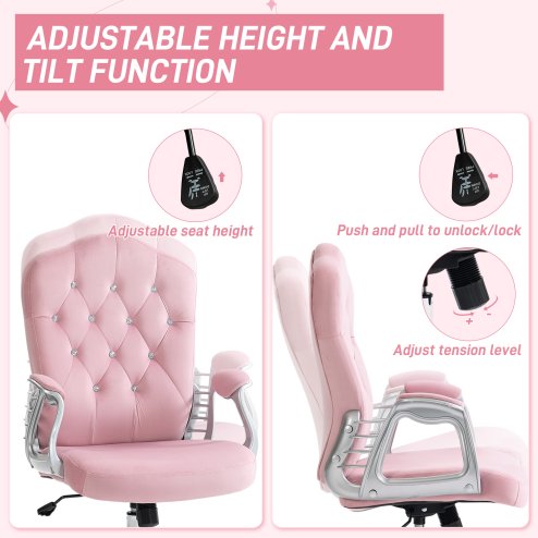 Vinsetto Home Office Chair, Velvet Computer Chair, Button Tufted Backrest with Swivel Wheels, Adjustable Height and Tilt Function, Pink