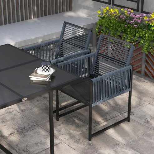 Outsunny 5 Pieces Garden Dining Set, Outdoor Patio Cube Set, 4 Seater Outdoor Table and Chairs with Foldable Backrest, Tempered Glass Top, Handwoven Rope for Poolside, Space-Saving, Dark Grey