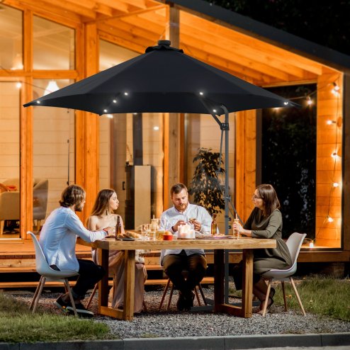 Outsunny 3(m) Cantilever Parasol with Solar LED and Easy Lever, Garden Parasol Umbrella with Cross Base and Waterproof Cover, Outdoor Sun Shades, Black