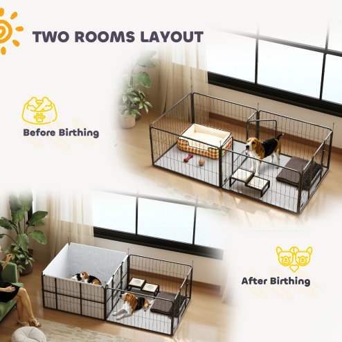 PawHut Whelping Box for Dogs, Puppies, 7 Panel Dog Playpen with Two Rooms, Washable Whelping Pads, Water-Resistant Oxford Fabric, Two Doors, for Small and Medium Dogs
