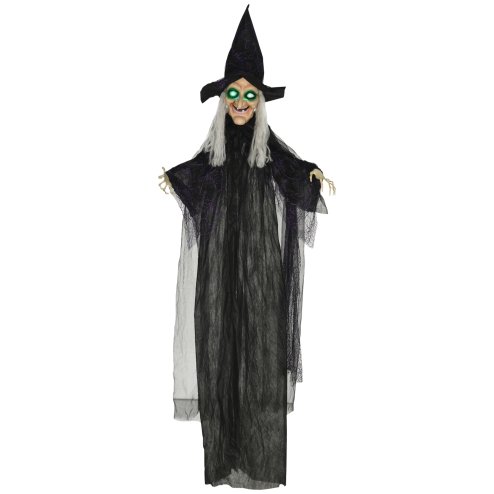 HOMCOM 6ft Outdoor Halloween Decoration Witch, Standing Witch Prop Life Size with Sound and Motion Activated, Light Up Eyes, Talking Sound, Posable Arms