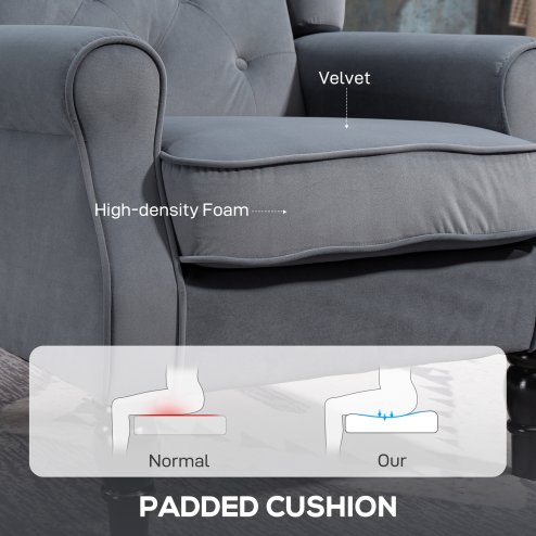 HOMCOM Retro Accent Chair, Velvet Wingback Armchair with Wood Frame Button Tufted Design for Living Room Bedroom, Grey