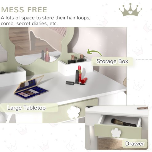 ZONEKIZ Dressing Table with Mirror and Stool, Kids Vanity Table with Drawer, Storage Boxes, Beauty Flower Design Girls Dressing Table for Ages 3-6 Years - White