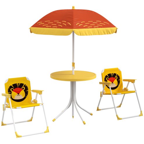 Outsunny Kids Bistro Set Children Table and Chair Set Garden Furniture Lion Themed 4 Pieces w/ Adjustable Parasol, Foldable Chairs for 2-5 Years - Yellow