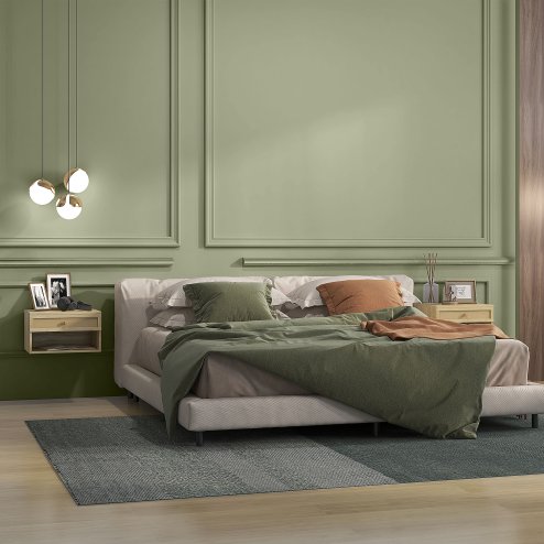 HOMCOM Floating Bedside Tables, Nordic Nightstands Set of 2 with Rattan Drawer and Open Shelf for Bedroom, Nature Wood Finish