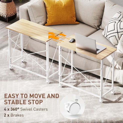 HOMCOM Small Folding Desk, 80 cm Foldable Computer Desk on Wheels for Small Space, Easy Assembly, Space Saving Writing Table for Home Office, Bedroom, Natural Tone