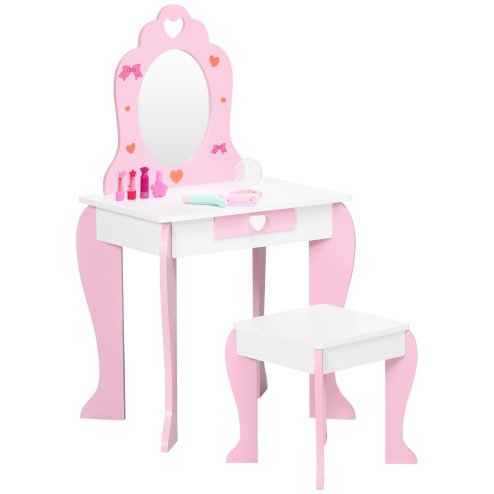 ZONEKIZ Kids Dressing Table with Mirror and Stool, Vanity Set w/ Love Heart and Bow Design, Girl Makeup Desk w/ Drawer, for Ages 3-6 Years - Pink