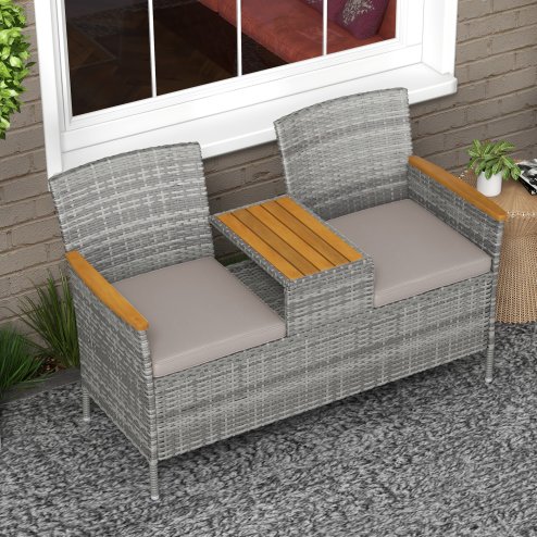 Outsunny 2 Seat Rattan Garden Bench, Patio Wicker Chair with Acacia Wood Top Middle Table, Outdoor PE Rattan Love Seat with Padded Cushions, Decorative Handrails, Grey